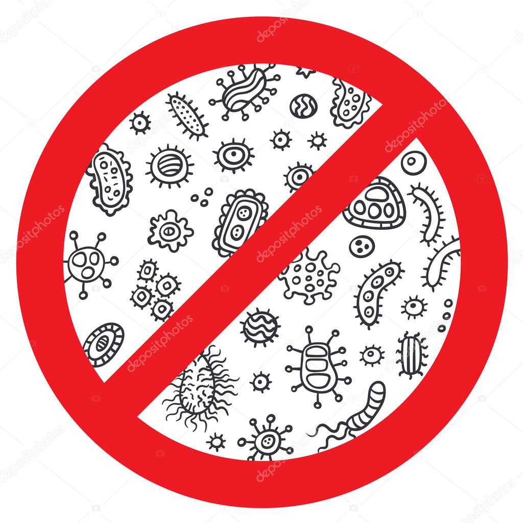 Antibacterial, no bacteria and antiviral icon doodle. Bacteria and germs virus set, micro-organisms disease-causing. Defense icon. Stop bacteria and viruses prohibition sign. Antiseptic doodle icon.