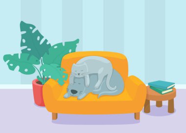 Uyuyan evcil hayvanlar. Uyuyan köpek kedi ve mobilya ile oturma odası iç tasarım: sandalye, yastık, bitki ve kitap ve fincan ile masa. Modern tasarım iç. Düz stil vektör çizimi. 