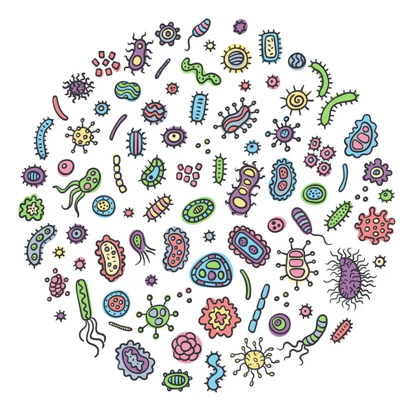 Bakterielle Mikroorganismen Einer Kreisfarbe Doodle Artige Keime Primitive Organismen Mikroorganismen — Stockvektor