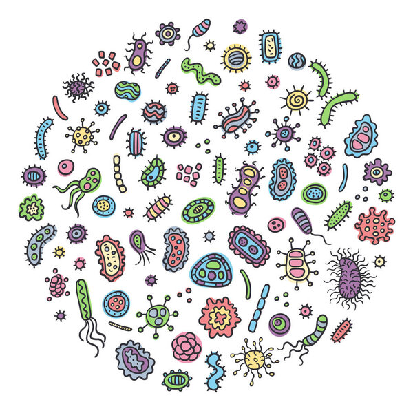 Бактериальный микроорганизм в цвете круга. Микробы в стиле дудла, примитивные организмы, микроорганизмы, болезнетворные объекты, клеточный рак, бактерии, вирусы, грибы, простейшие. Логотип микробов и бактерий
