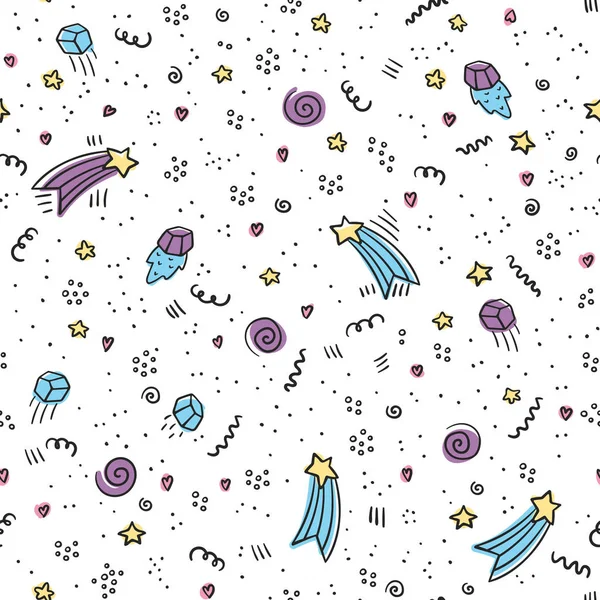 Karatahta arka planında yıldızlar ve göktaşları olan uzay. Çocuklar için evren kusursuz desen. Kozmik nesneler arka plan. Tekstil, sarma için vektör evren doku. Doodle tebeşir deseni.