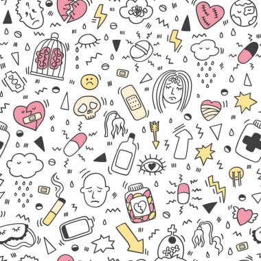 Depresyon karalamalar desen. Kalp kırıklığı paterni. Hüzünlü doku. Depresyon belirtileri ve semptomları. Stres kavramı, üzüntü, depresyon, metafor beyaz arka plan izole. Mutsuz fon vektörü