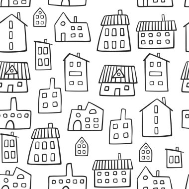 Ev sorunsuz desen. Çeşitli evler ile Doodle vektör deseni. Köy doku karikatür tarzı. Eğlenceli anahat renkli evler. Tekstil, sarma, kumaş ve diğer yüzeyler için vektör dokusu.