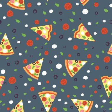Koyu arka plan üzerinde mozzarella fesleğen kiraz zeytin ile Pizza dilim vektör dikişsiz desen. Dilimlenmiş pizza ve sebze arka plan düz tarzı. Pizzacı menü vektörü için sonsuz fon. 