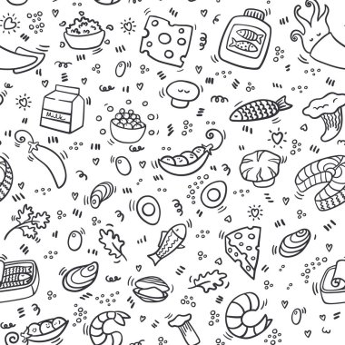 Protein dikişsiz desen. Sağlıklı gıda ve beslenme ile arka plan. Domuz eti, et, karides, yumurta, peynir, sosis, balık ile anahat gıda desen. Tekstil, keten, menü için sağlıklı gıda dokusu.