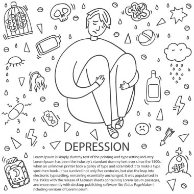 Üzgün ve depresif çocuk oturuyor. Depresyon çocuk doodle. Kalp kırıklığı ve hüzünlü karalama adamı. Depresyon belirtileri ve semptomları. Stres kavramı, üzüntü, depresyon, metafor beyaz arka plan izole. 