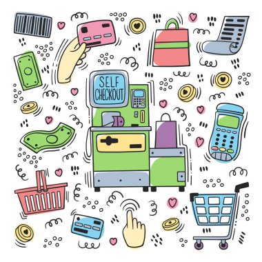 Self servis kasiyer veya terminal doodle. Vektör seti 'Self Checkout' dükkan kasiyer el çizilmiş. Nakit makinesi, para faturası, plastik kart, çek, kart ile el ile Self servis nakit masası. - Vektör