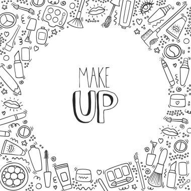 Ruj, maskara, toz, tonları, fırça, el yazısı harflerle el çizilmiş anahat doodle arka plan makyaj. Metin, makyaj ve kozmetik sembolleri. Güzellik moda kozmetik kartı makyaj. - Vektör