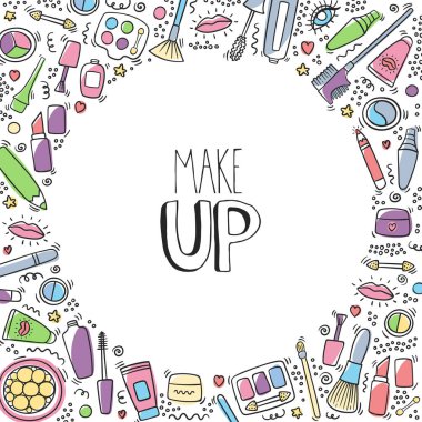 Ruj, maskara, toz, tonları, fırça, el yazısı harflerle el çizilmiş karikatür doodle arka plan makyaj. Metin, makyaj ve kozmetik sembolleri. Güzellik moda kozmetik kartı makyaj. - Vektör