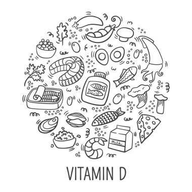 D vitamini doodle daire içinde çizim anahat. D vitamini açısından zengin farklı gıda el çizilmiş illüstrasyon - Vektör. Beslenme ve beslenme kavramı. Beyaz arka planda izole edilmiş D vitamini kaynakları