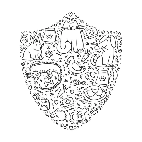 Huisdierenverzekering Schild Met Doodle Huisdieren Binnen Dierenverzorging Veterinaire Banner Logo — Stockvector