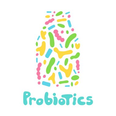 Probiyotik bakteri logosu. Prebiyotik, laktobacillus vektörü. Süt ürünleri laktobacillus probiyotik bakteriler içerir. - Vektör. Probiyotik harfler düz stil. Bakteri sembolü el çizimi logo