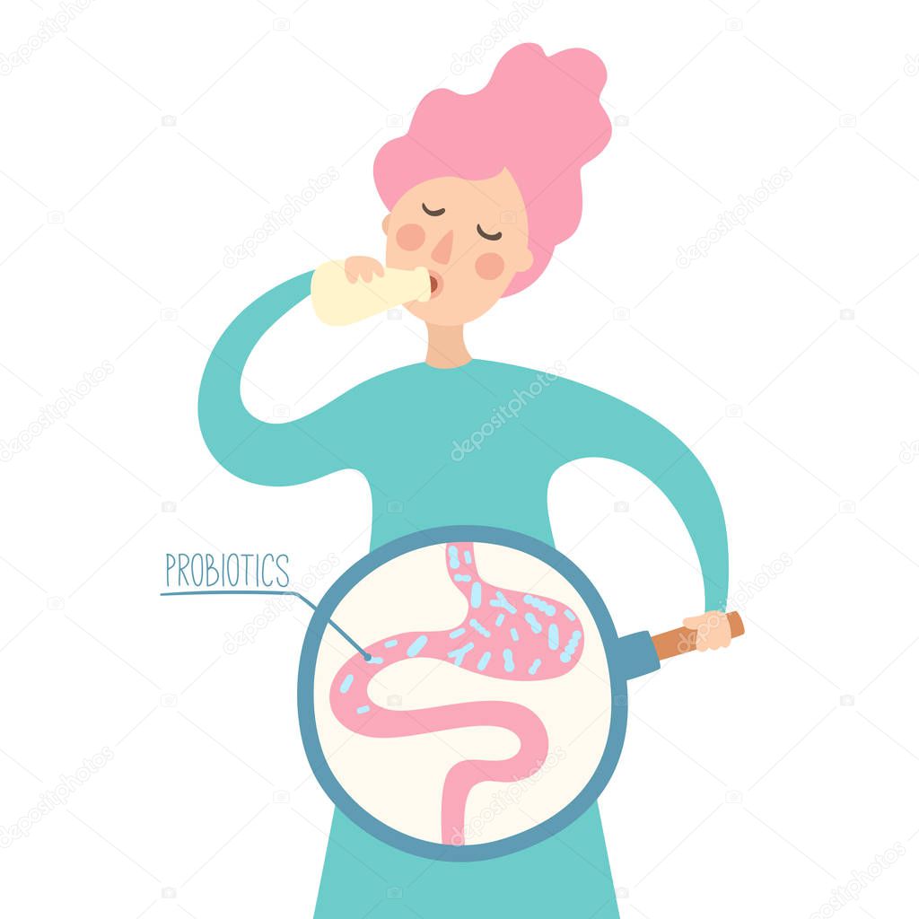 Girl drinking yogurt with probiotics bacteria in the gut. Probiotic through magnifying glass in flat style. Prebiotic, lactobacillus vector in yogurt. Dairy contains lactobacillus bacteria. - Vector 