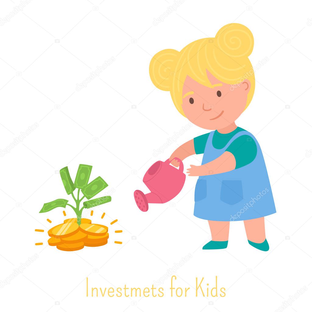 Cute blond little girl watering the money tree growing from the pile of coins. Investments for kids concept. Financial stability, cash savings, earn money. Banner design for family finances. Vector