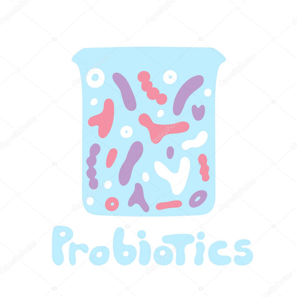 Yogurt with good bacteria in it. Flat. Probiotics bacteria logo. Prebiotic, lactobacillus vector in yogurt. Dairy contains lactobacillus microorganism. - Vector probiotics lettering in flat style.