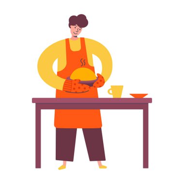 Ev erkeği aile için yemek hazırlıyor. Masanın yanında elinde turta tutan önlüklü genç adam. Tatil için turta pişiren mutlu fırıncı. Ev yapımı hamur işi şekerlemeci. Aile zamanı. Erkek profesyonel aşçı yemek pişiriyor. Vektör.