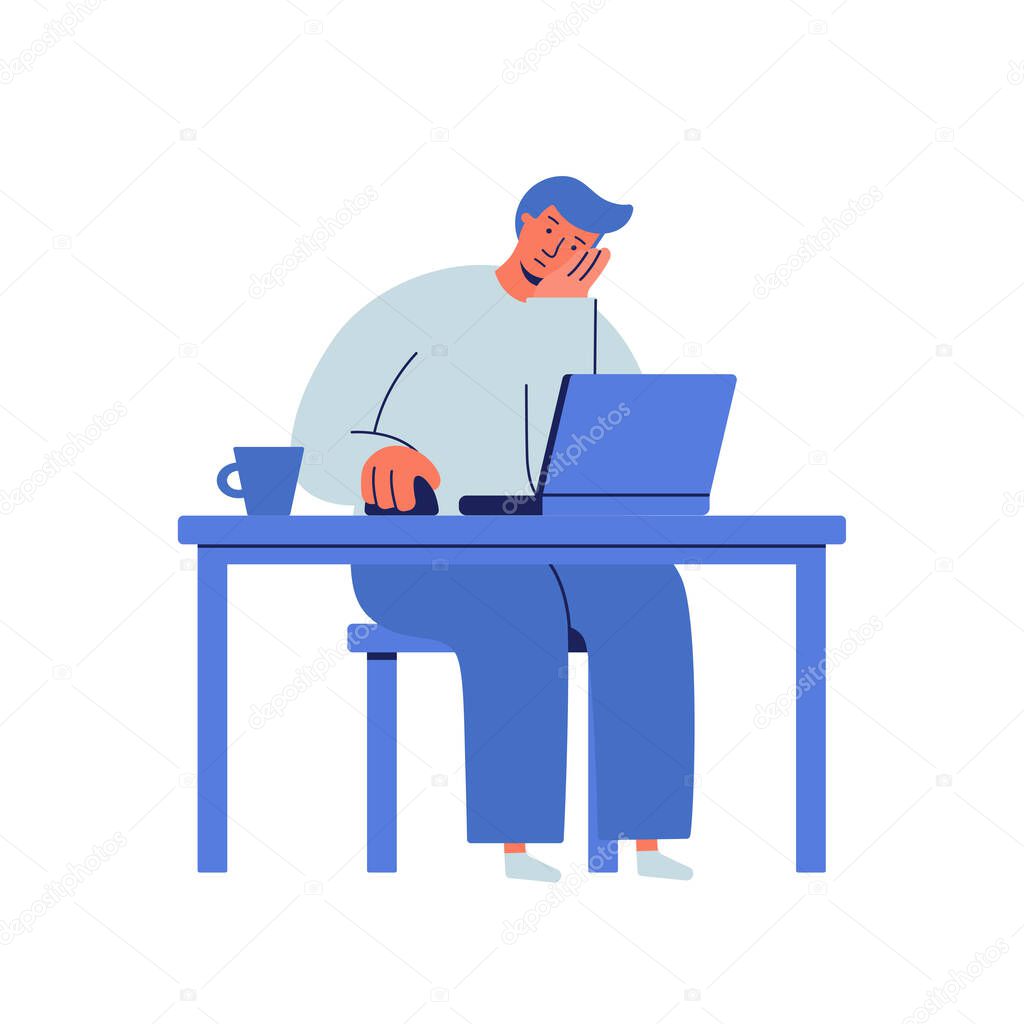 Sad, depressed and tired businesman working on the computer. Man sitting in front of the laptop and his hand propping up head. Frustrated person doesn t want to work. Bored look. Wasting time concept