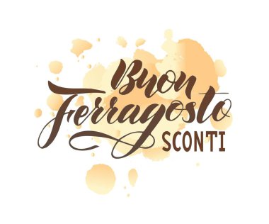 El alıntı mutlu (Buon) Ferragosto Satılık (sconti) üzerinde sulu boya spot, İtalyan dili harflerle yazılı. Vektör çizim. Tasarım konsepti İtalyan yaz tatili için. Afiş, baskı, poster, kartpostal, el ilanı, arka plan