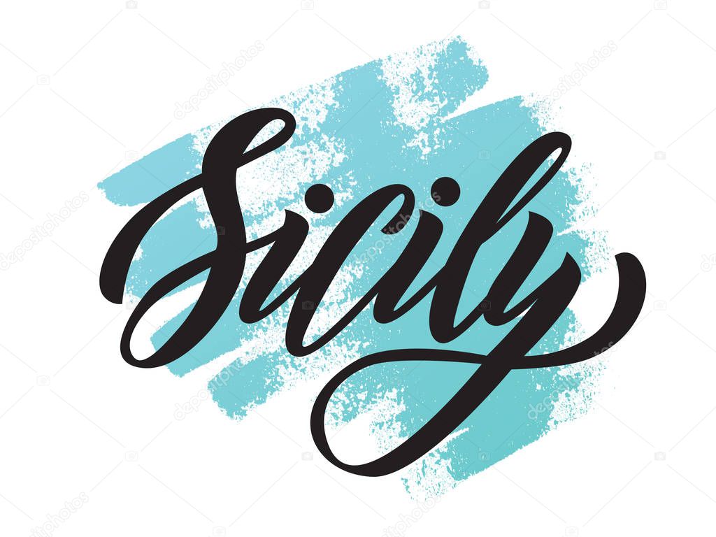 Vector lettering of  word Sicily. Modern calligraphy. As template of logotype, label, icon, tag,  banner. Inscription for packing product to store, for journal, flyer.