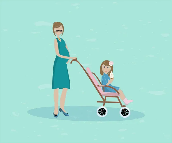 Bebek arabasındaki bebek ile hamile kadın Illustration. Vektör çizim üzerinde mavi arka plan izole. Düz. Bebek dondurma ile. Afiş, poster, arka plan, simge, etiket, etiket.