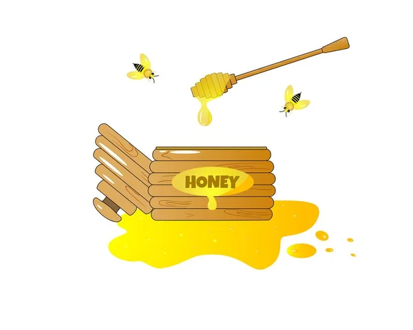 Illustration eines Cartoontopfes mit hölzernem Honiglöffel und einem Fleck Honig — Stockvektor