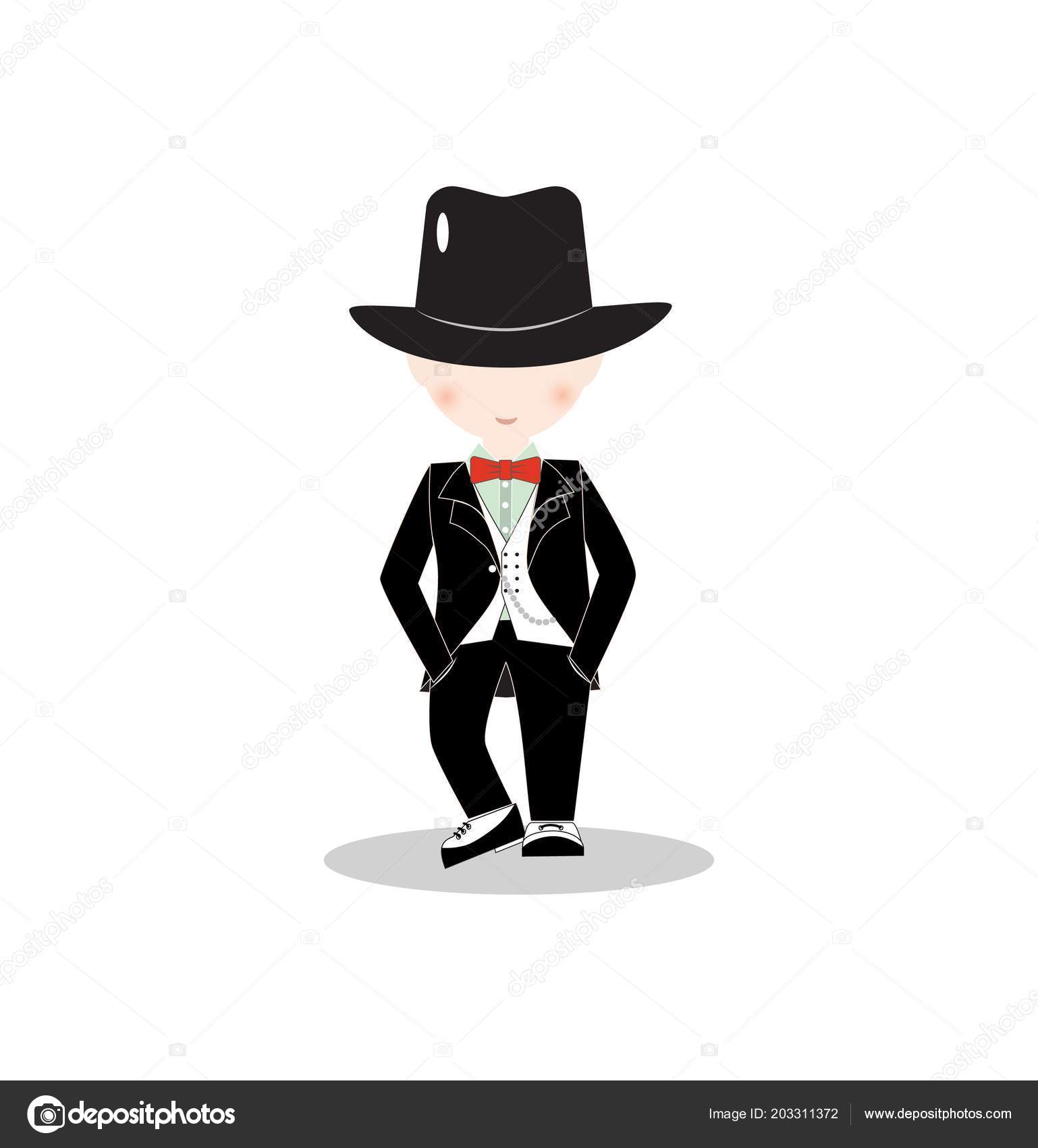 Cartoon Little Boy Wearing Suit Black Top Hat Young Gentleman — Stock
