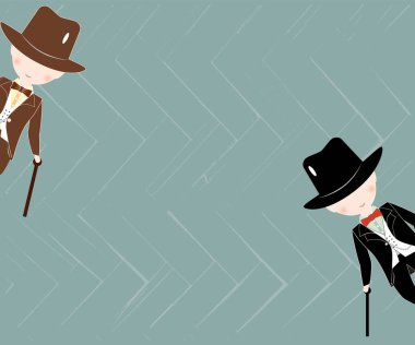 Arka plan doku ile ile takım elbise ve şapka giyen küçük çocuklar çizgi film.