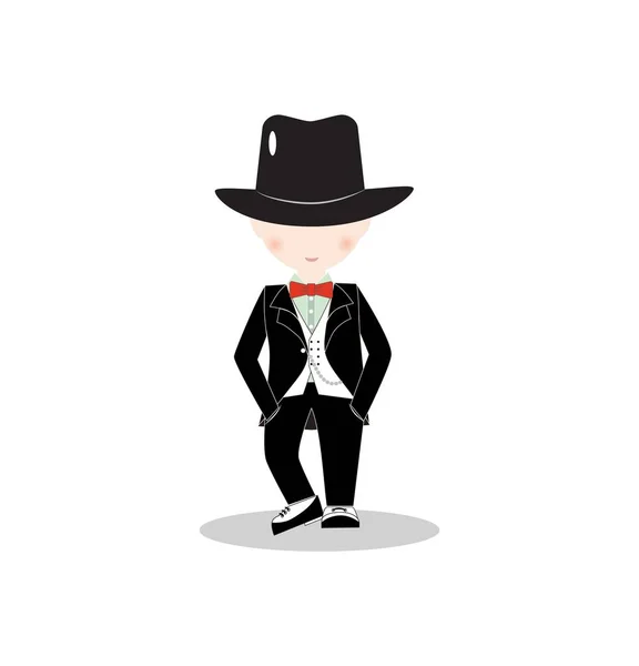 Niño Dibujos Animados Con Traje Sombrero Copa Negro Caballero Joven — Vector de stock