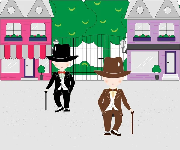 Takım elbise ve şapka şehrin arka planı giymekte kamışı sopayla küçük çocuklar karikatür. Genç gentlemans klasik retro tarzı vektör çizim giyinmiş. Papyon ile.