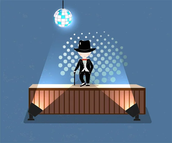 Cartoon μικρό αγόρι φορώντας κοστούμι και μαύρη κορυφή καπέλο στη σκηνή. — Διανυσματικό Αρχείο