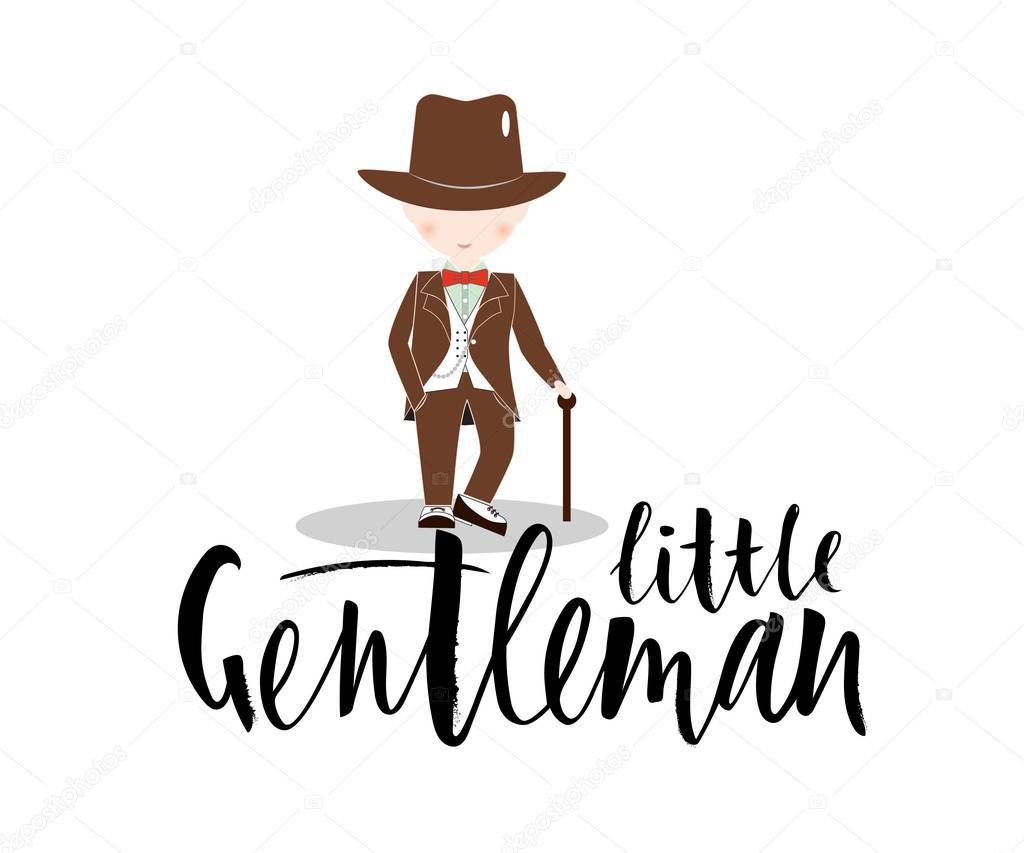 Cartoon little boy wearing suit and black top hat with hand lettering Little Gentleman. dressed up in classic retro style vector Illustration. With red bow tie. Isolated. As template of logo for