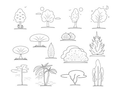 Ağaç şeklin simgeler kümesi. Vektör. Çizgi stili. Logo için öğe. Doğal illüstrasyon.