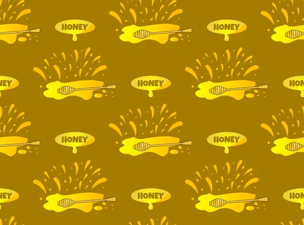 Seamless mönster honung spot, splash med träsked och meddelande med texten honung. — Stock vektor