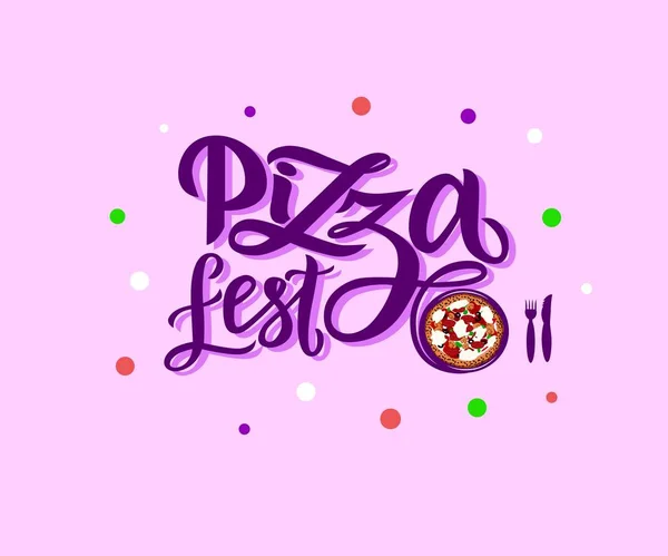 Caligrafía moderna dibujada a mano con letras Pizza Fest con ilustración de pizza sobre fondo rosa — Archivo Imágenes Vectoriales