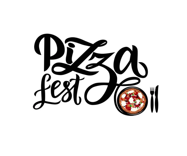 Caligrafía moderna dibujada a mano con letras Pizza Fest con ilustración de pizza . — Archivo Imágenes Vectoriales