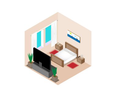 İzometrik vektör yatak çizim. Yatak, Tv, kapalı çiçekler, resmi penceresi nightstands perdeler