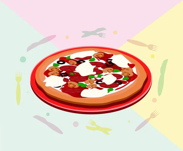 Ilustración Vectorial Pizza Con Ingredientes Champiñones Aceitunas Queso Pasta Tomate — Archivo Imágenes Vectoriales