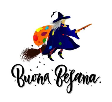 El fırça ifade Buona hediyeler ve kömür torba ile cadı ile mutlu Epiphany anlam Befana harflerle yazılı. Tebrik kartı, davet, afiş, şablon baskı, poster