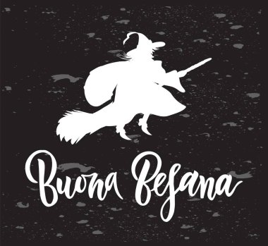El fırça ifade Buona cadı silueti ile kara tahta üzerinde mutlu Epiphany anlam Befana harflerle yazılı. Tebrik kartı, davet, afiş, şablon baskı, poster