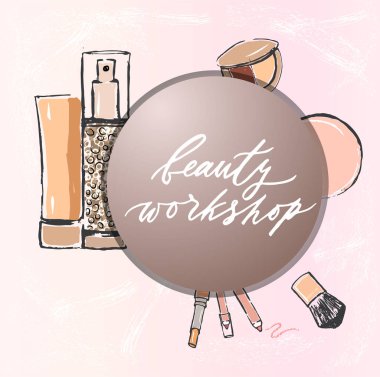 Şablon / pembe arka plan doku ile beaty Çalıştayı için davet. Ruj, göz farı, gözler, rouge, fırça için kalem. El ilanı, afiş, poster, moda arka plan. Kroki tarzı