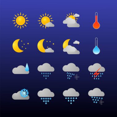 Hava Icons set. Koyu arka plan üzerinde düz vektör sembolleri.