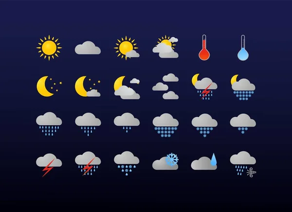 Icônes météo réglées. Symboles vectoriels plats sur fond sombre . — Image vectorielle