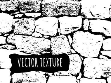 Taş tuğla duvar vektör doku. Siyah ve beyaz izleme tek renkli kum, yaşlı etkisi. Grunge vintage
