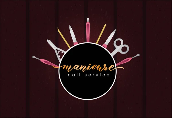 Manikür ekipman ile kartvizit şablonu. El manikür yazı. Altın Logo çivi stüdyo, Sanat Okulu, hizmet, yazıt paket ürün, el ilanı, afiş, broşür. makas