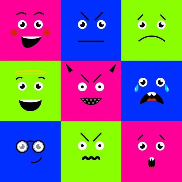 Ícones Emojis Quadrados Coloridos Definir Diferentes Rostos Ilustração Vetorial Para —  Vetores de Stock