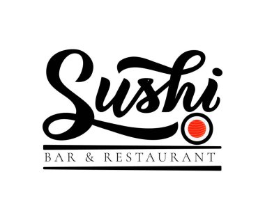 Suşi bar ve Restoran hat yazı, Japon gıda amblemi simge şeklinde suşi, rulo ve sopa ver. Vektör. Şablon / logo, kartvizit, afiş, poster, yazıt, el ilanı