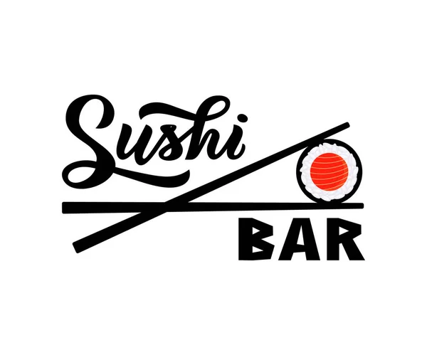 Sushi Bar El yazı modern kaligrafi, suşi simge şekli ile Japon gıda amblemi, rulo ve sopa. Vektör. Şablon logosu, kartvizit, afiş, poster, Flyer, paket ürün yazıt, broşür.