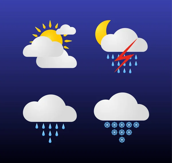 Conjunto Iconos Meteorológicos Modernos Símbolos Vectoriales Planos Sobre Fondo Oscuro — Vector de stock