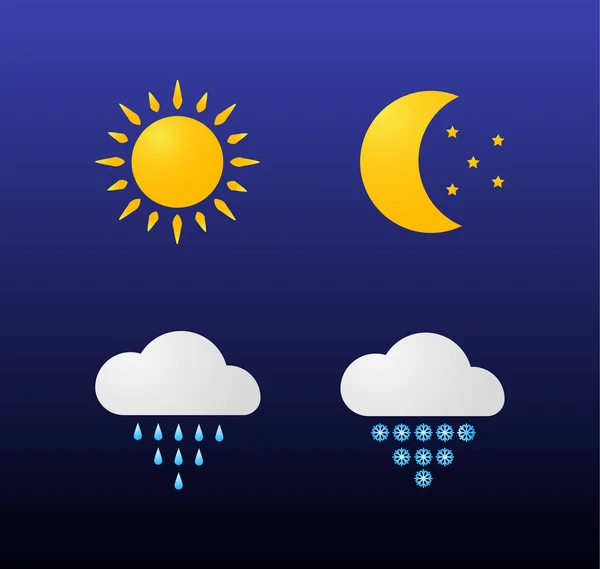 Moderne Wettersymbole Gesetzt Flache Vektorsymbole Auf Dunklem Hintergrund Sonne Mond — Stockvektor
