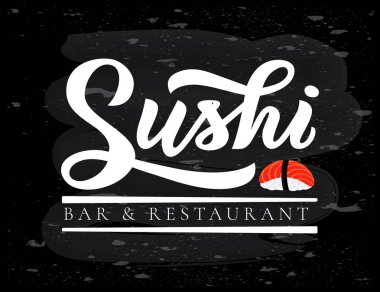Sushi bar and restaurant hand lettering modern calligraphy on chalkboard, emblem of Japanese food with icon shape of sushi, roll and sticks.Vector logo